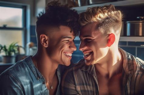 Feliz Y Sexy Pareja Gay Joven Cocinando Comida Juntos En Casa Foto Premium