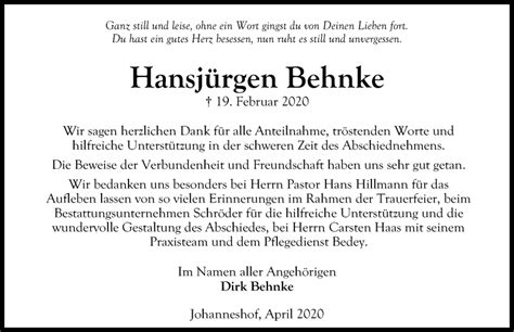 Traueranzeigen von Hansjürgen Behnke trauer anzeigen de