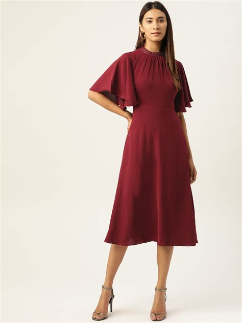 Buy And Women Maroon Solid Jewel Neck A Line Midi Dress Dresses For