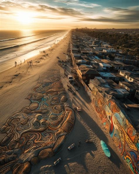 Uma cena de praia uma cena de praia e um pôr do sol Foto Premium