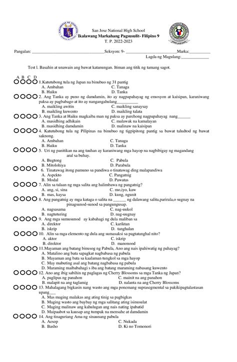 2nd Periodic Test Grade 9 Filipino San Jose National High School Ikalawang Markahang