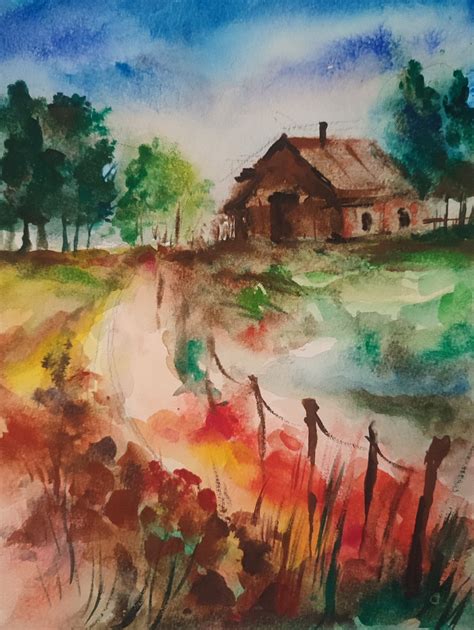 Watercolor farm landscape – Jana Komaritsa