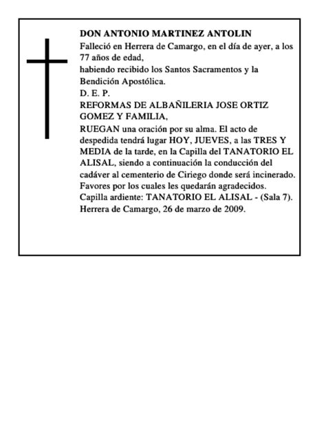 DON ANTONIO MARTINEZ ANTOLIN Esquela Necrológica El Diario Montañés