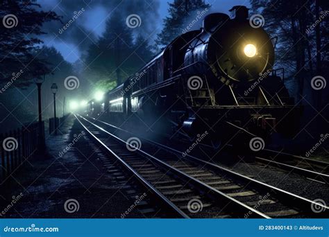 Night Shot of a Steam Train Illuminated on Railway Tracks Stock ...