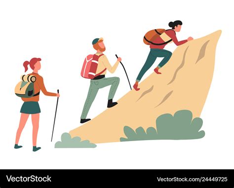 Hiking Climbing Cliff Man And Women Hikers Vector Image