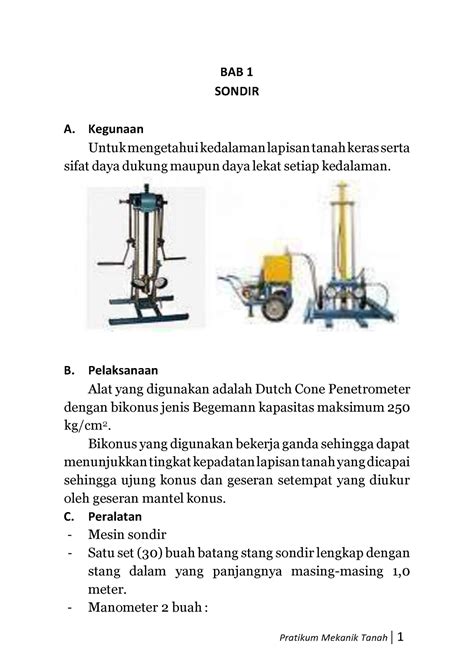 Bab 1 Sondir Untuk Praktikum Mekanika Tanah II BAB 1 SONDIR A