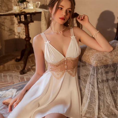 Women Spaghetti Strap Nightgown Intimate Lingerie Sexy Lace Deep V Neck Nightdress Summer Silk
