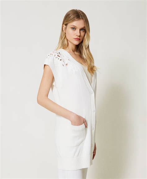 Maxi Gilet With Floral Bead Embroidery Woman White Twinset Milano