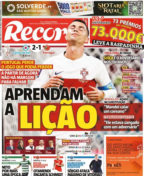 Capa Jornal Record 3 Dezembro 2022 Capasjornais Pt