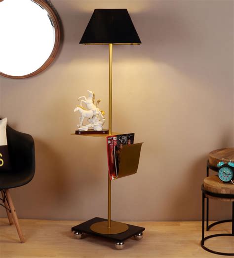 Buy Traditional Black Cotton Shade Shelf Floor Lamp With Wood Metal