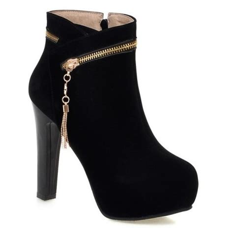 Black Suede Gold Zipper Ankle Platforms High Heels Boots