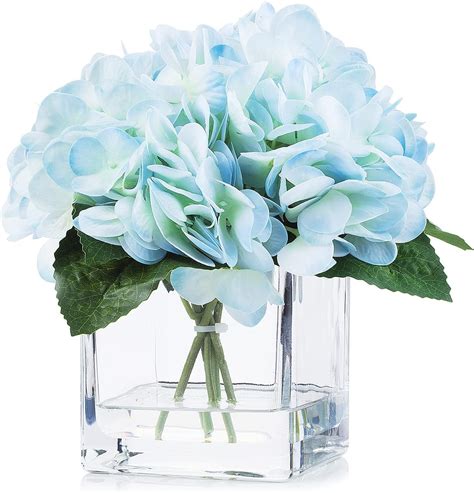 Artificial Real Touch Hydrangea Flower Arrangement In Cube Glass Vase