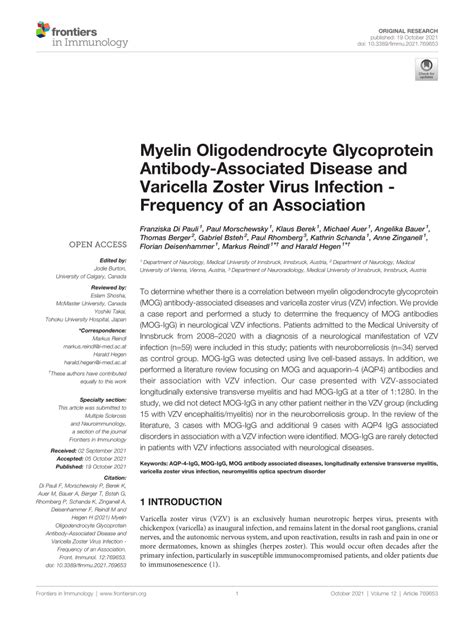 Pdf Myelin Oligodendrocyte Glycoprotein Antibody Associated Disease And Varicella Zoster Virus