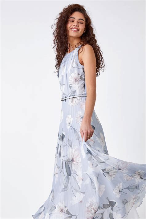 Floral Pleated Maxi Dress In Grey Roman Originals Uk