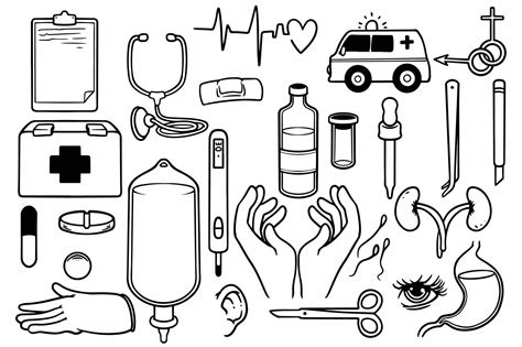 Hand Drawn Set Of Medical Equipment Stuff Doodle On White Background