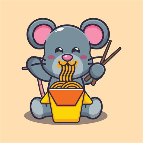 Lindo Ratón Comiendo Fideos Dibujos Animados Vector Ilustración 6664807