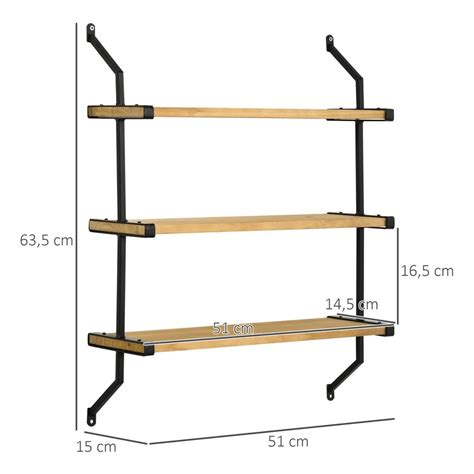 Estante de Parede de 3 Níveis de Madeira Carga Máxima 15kg 51x15x63 5cm