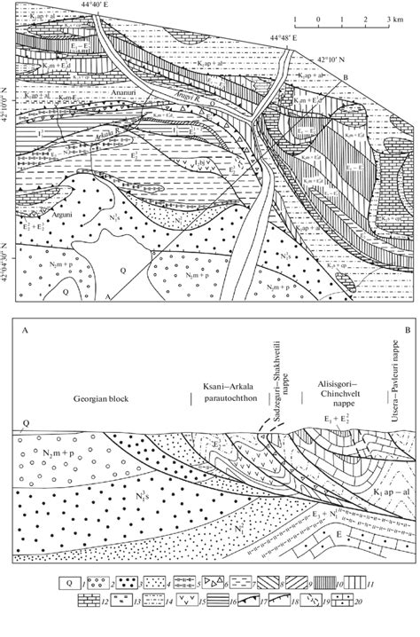 Geological map and cross section of basin of the Aragvi River (in area ...