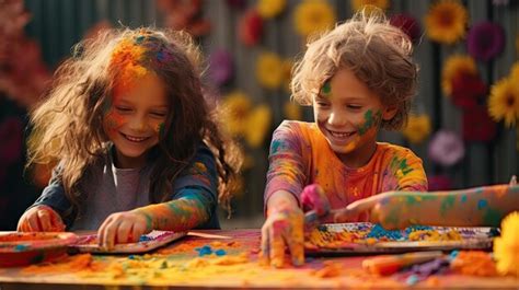 Dos niñas pequeñas jugando con polvo de colores en el suelo Holi Foto