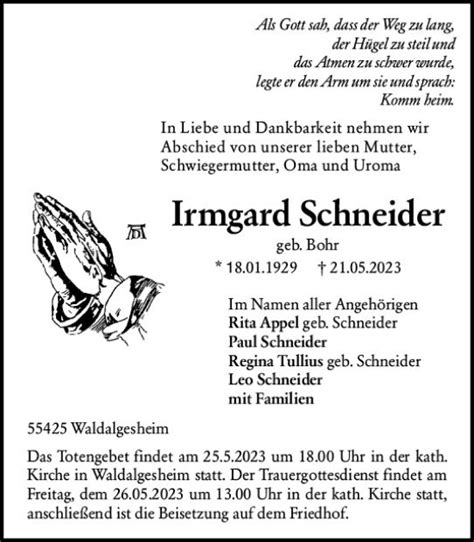 Traueranzeigen Von Irmgard Schneider Vrm Trauer De