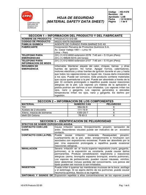 Hoja De Seguridad Material Safety Data Sheet Seccion 1 Informacion Del Producto Y Del