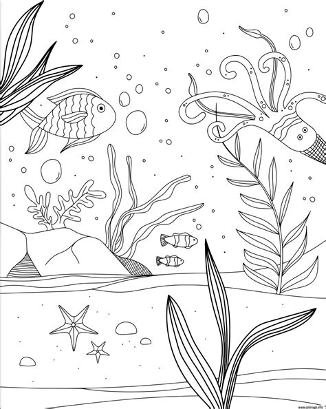 Coloriage Fond Marin Algues Et Poissons De Mer JeColorie