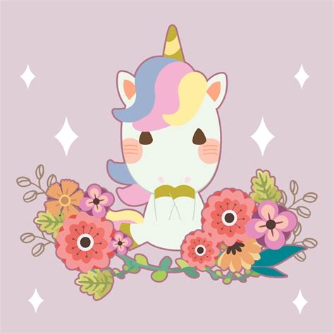 Caractère De Licorne Mignonne Avec Une Fleur Pourpre Vecteur Premium