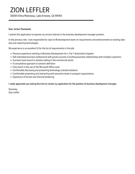 Business Development Manager Cover Letter Velvet Jobs