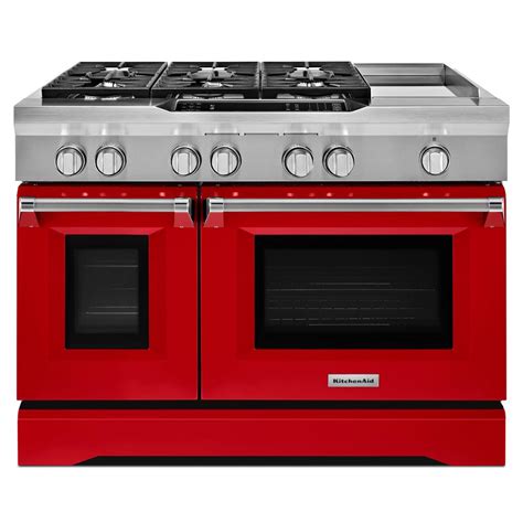 KitchenAid 48 in. 6.3 cu. ft. Dual Fuel Range Double Oven with Convection Oven in Signature Red ...