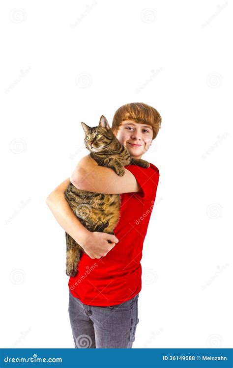 Boy Hugging With His Cat Stock Photo Image Of Laughing 36149088