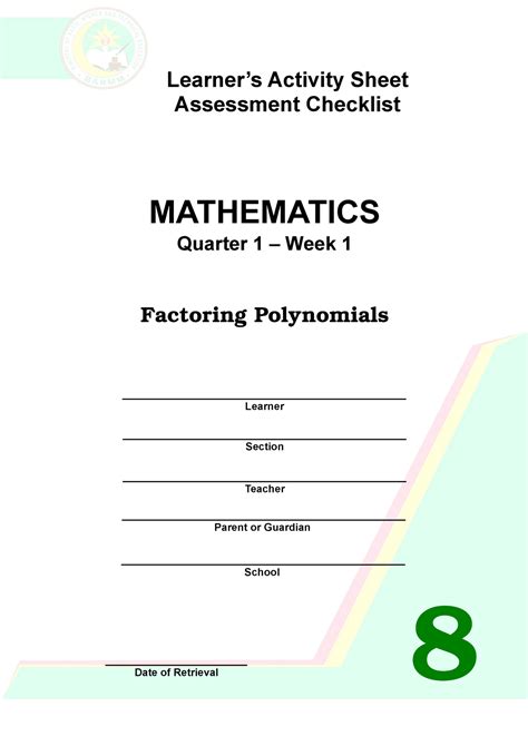 Grade 8 Math Q1 Week 1 Learner’s Activity Sheet Assessment Checklist