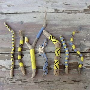 Natural Painted Driftwood Sticks Sunny Yellow Starfish Seashell Sky