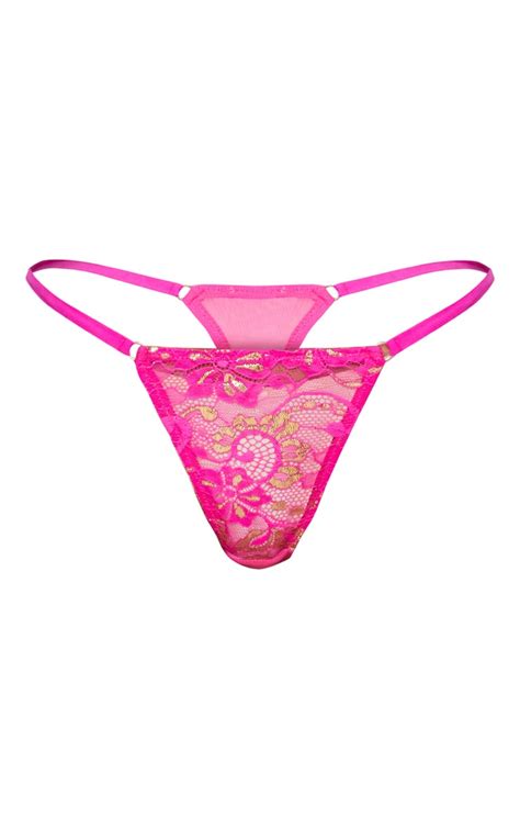 Hot Pink Tanga Metallic Lace Thong Prettylittlething Ca