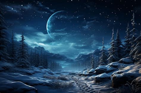 Premium Vector Snowy Starry Blue Sky At Night Winter Forest Moon