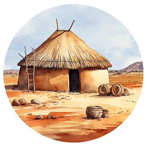 Premium Ai Image Watercolor Rondavel South Africa Conical Roof Mud