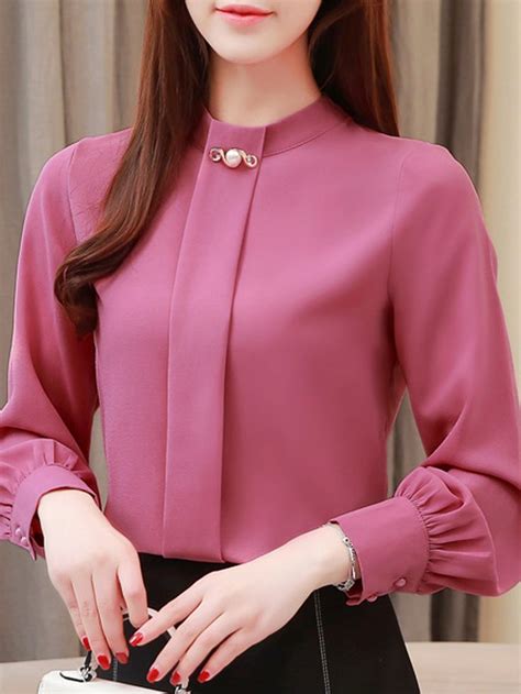 Band Collar Elegant Long Sleeve Blouse In 2022 Ladies Tops Fashion