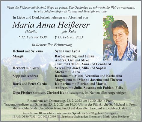 Traueranzeigen von Maria Anna Heißerer Allgäuer Zeitung