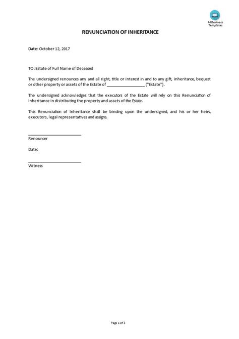 Sample Letter Of Disclaimer Of Inheritance