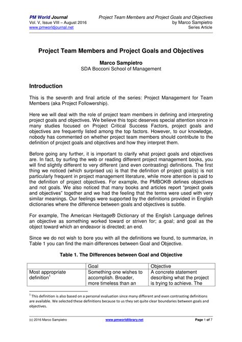 (PDF) Project Team Members and Project Goals and Objectives