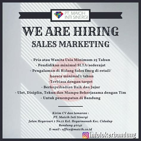 Lowongan Kerja Sales Marketing Pt Maicih Inti Sinergi Bandung Desember