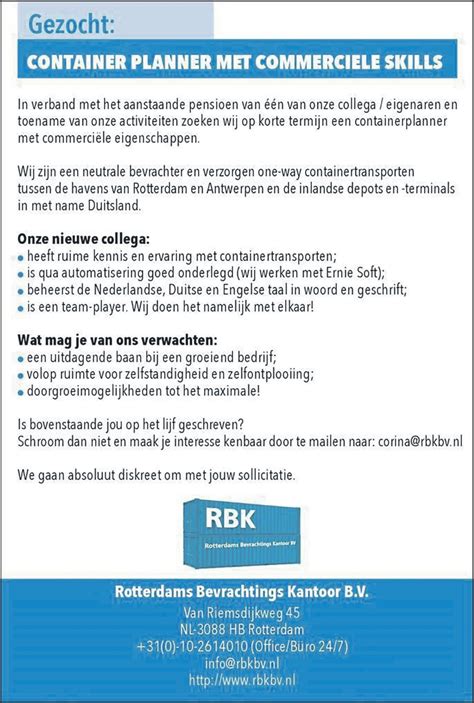 Vacature Container Planner Rotterdams Bevrachtingskantoor B V BVK