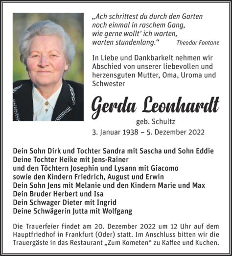 Traueranzeigen von Gerda Leonhardt Märkische Onlinezeitung Trauerportal