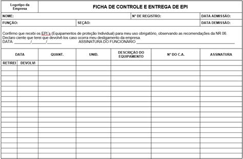 Ficha De Epi Modelos Em Word Pdf E Excel Para Preencher E Imprimir