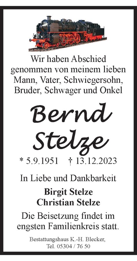 Traueranzeigen Von Bernd Stelze Trauer De