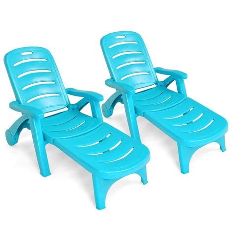 Costway Turquoise 2 Piece Plastic Folding Outdoor Chaise Lounge Chair 5