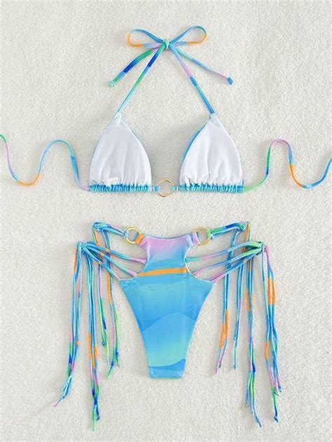 Emmiol Free Shipping Printed O Ring String Bikini Set Blue M In