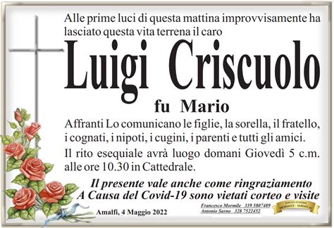 Il Vescovado Amalfi Piange La Morte Improvvisa Del Signor Luigi Criscuolo