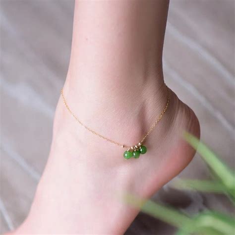 14k Gold Filled Anklet With Green Jade Beads Dainty Foot Chain Ankle