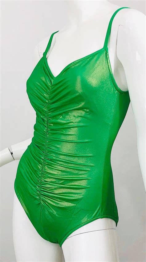 1980s Bill Blass Neon Green One Piece Ruched Vintage 80s Swimsuit