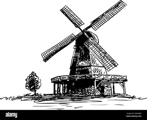 Sketch Of Old Windmill And Small Tree Hand Drawn Vector Illustration